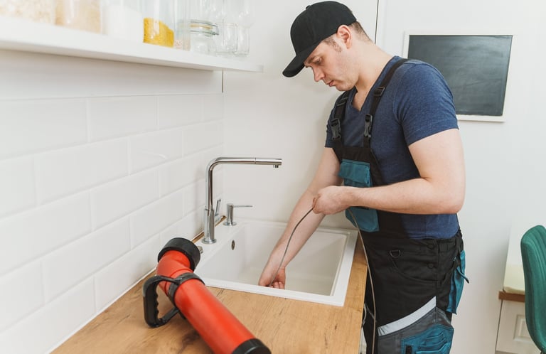 Professional plumber using drain snake to clear a clog