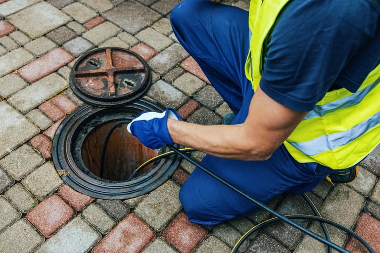Professional plumber using hydro jetting to clean sewer line