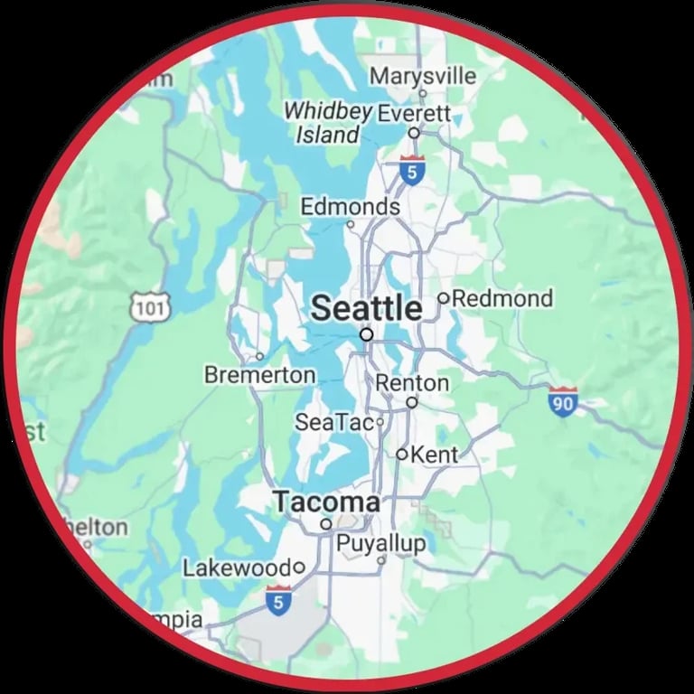 Map of Seattle Washington area showing surrounding cities including Tacoma, Edmonds, and Bellevue within a red circular boundary