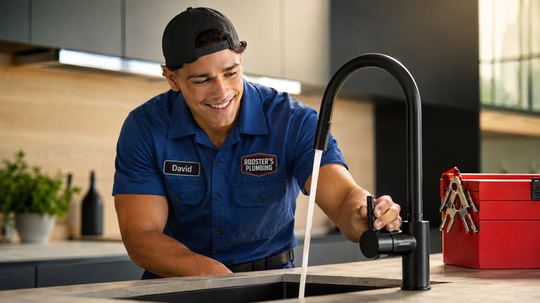 Plumber named David in blue uniform demonstrating a modern kitchen faucet at a sink