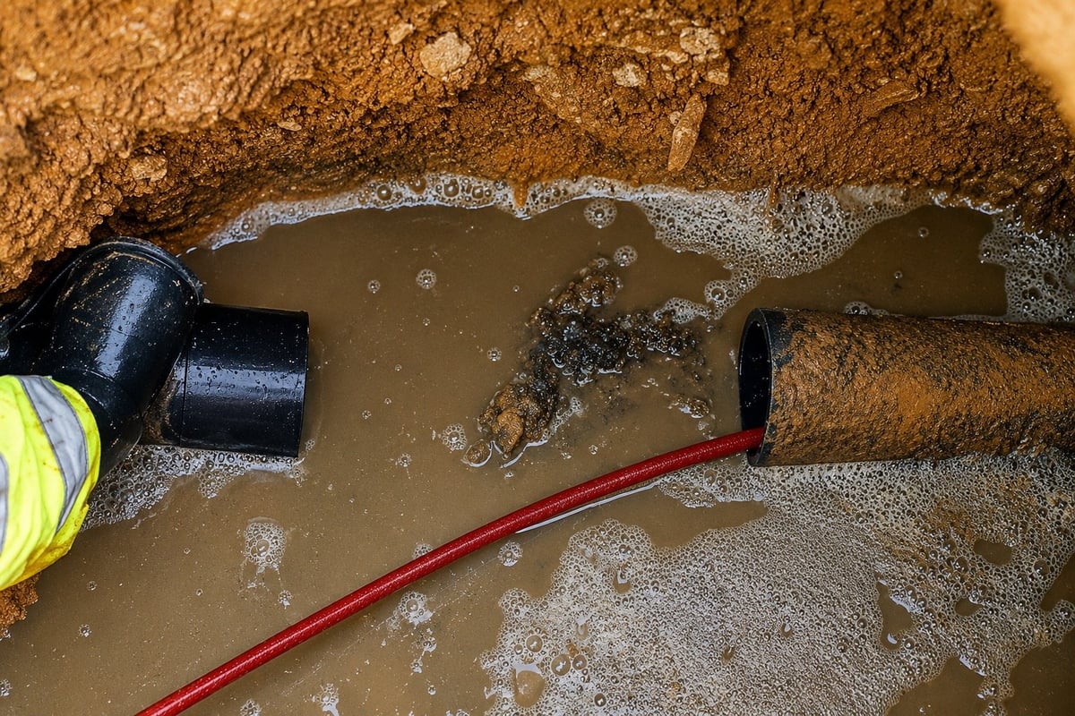 Worker in yellow safety vest spraying muddy water from red hose connected to black metal pipe in excavated dirt area