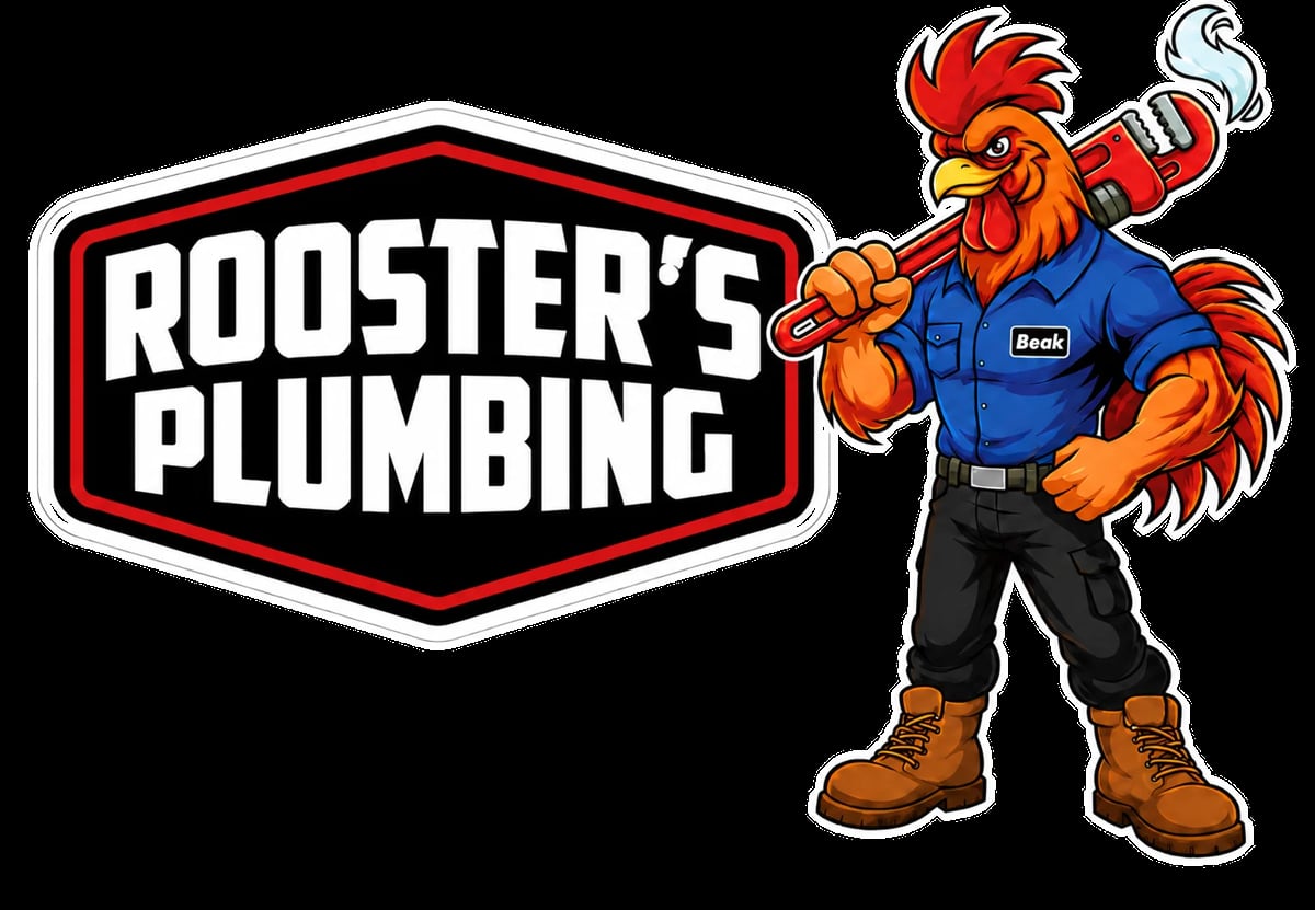 Roosters Plumbing logo featuring a cartoon rooster mascot in work clothes holding a wrench
