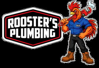 Roosters Plumbing logo featuring a cartoon rooster mascot in work clothes holding a wrench