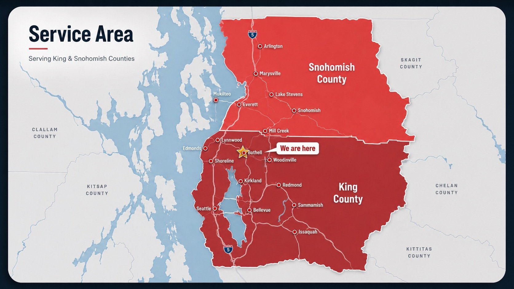 Map showing service area in red covering Snohomish and King Counties in Washington state