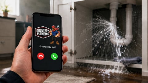 Hand holding smartphone displaying Rooters Plumbing emergency call screen with water leak visible from burst pipe in background