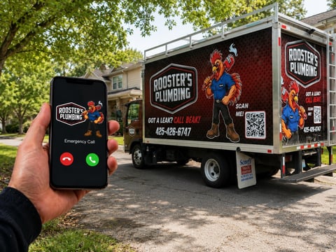 Hand holding smartphone with Roosters Plumbing app displayed next to branded service truck in residential driveway