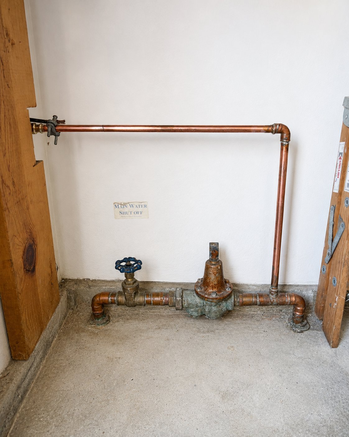 Exposed copper pipes with valve and fittings mounted on white wall in basement or utility room