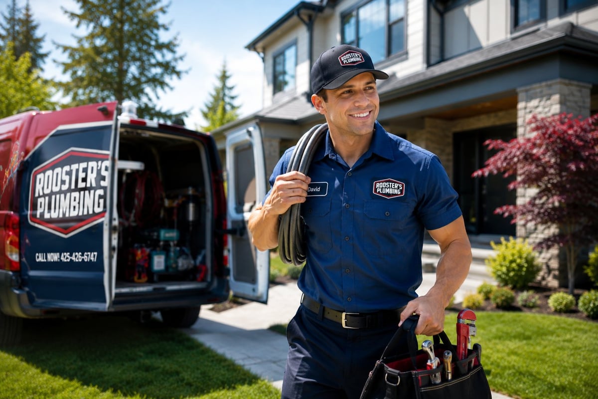 A smiling plumber wearing a blue uniform and tool belt walks away from a plumbing service van in front of a residential house