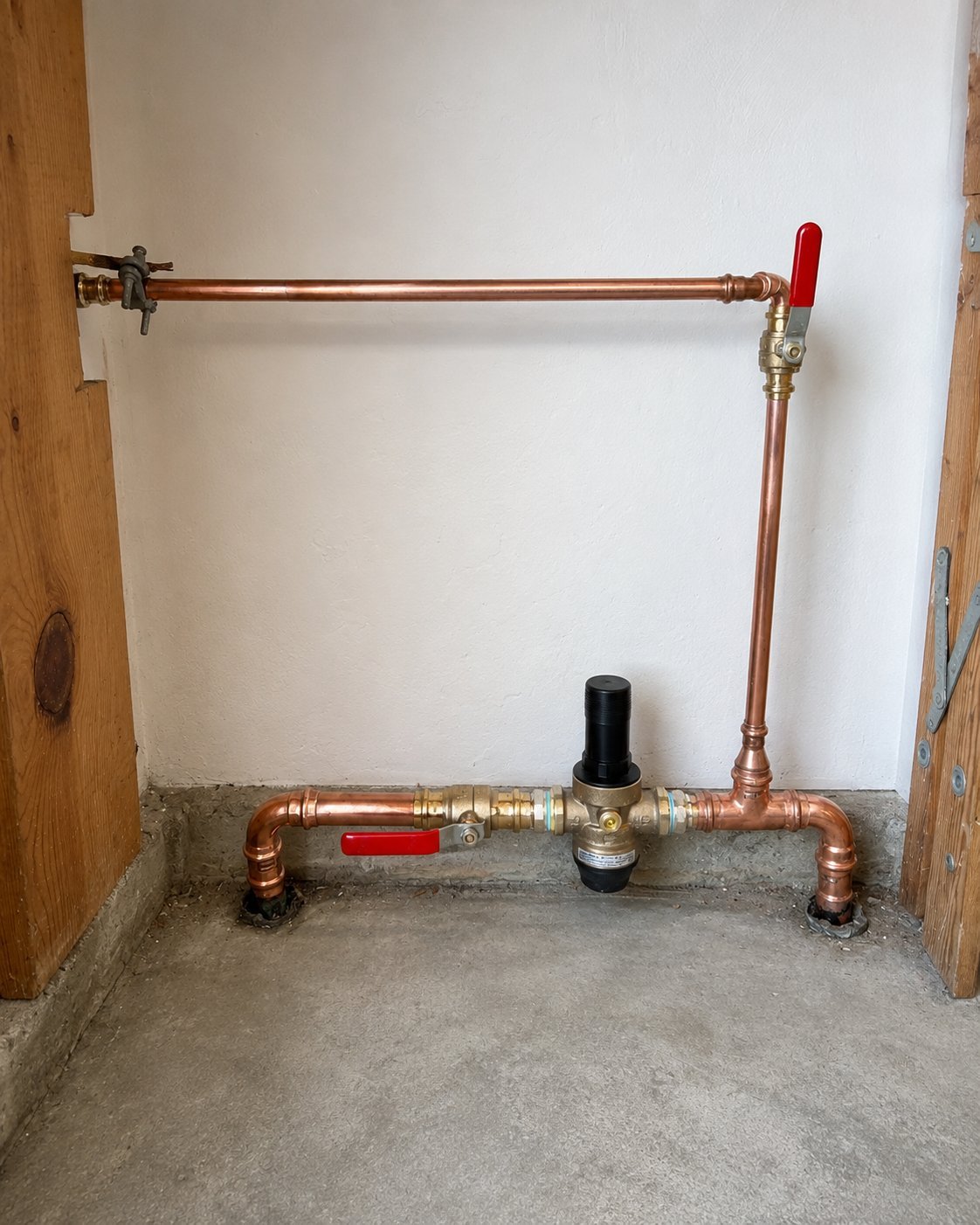 Copper water supply and shut-off valve system installed on concrete floor with white wall background and wooden door frame